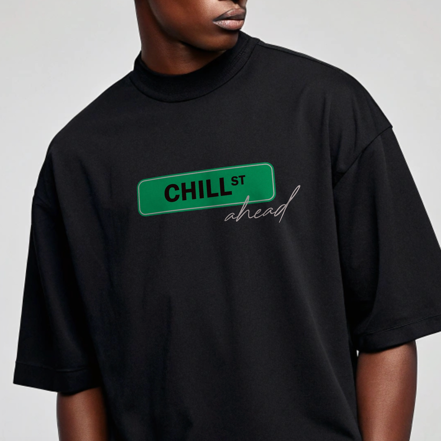 Creating Adam male model wearing the chill tee - black - facing front