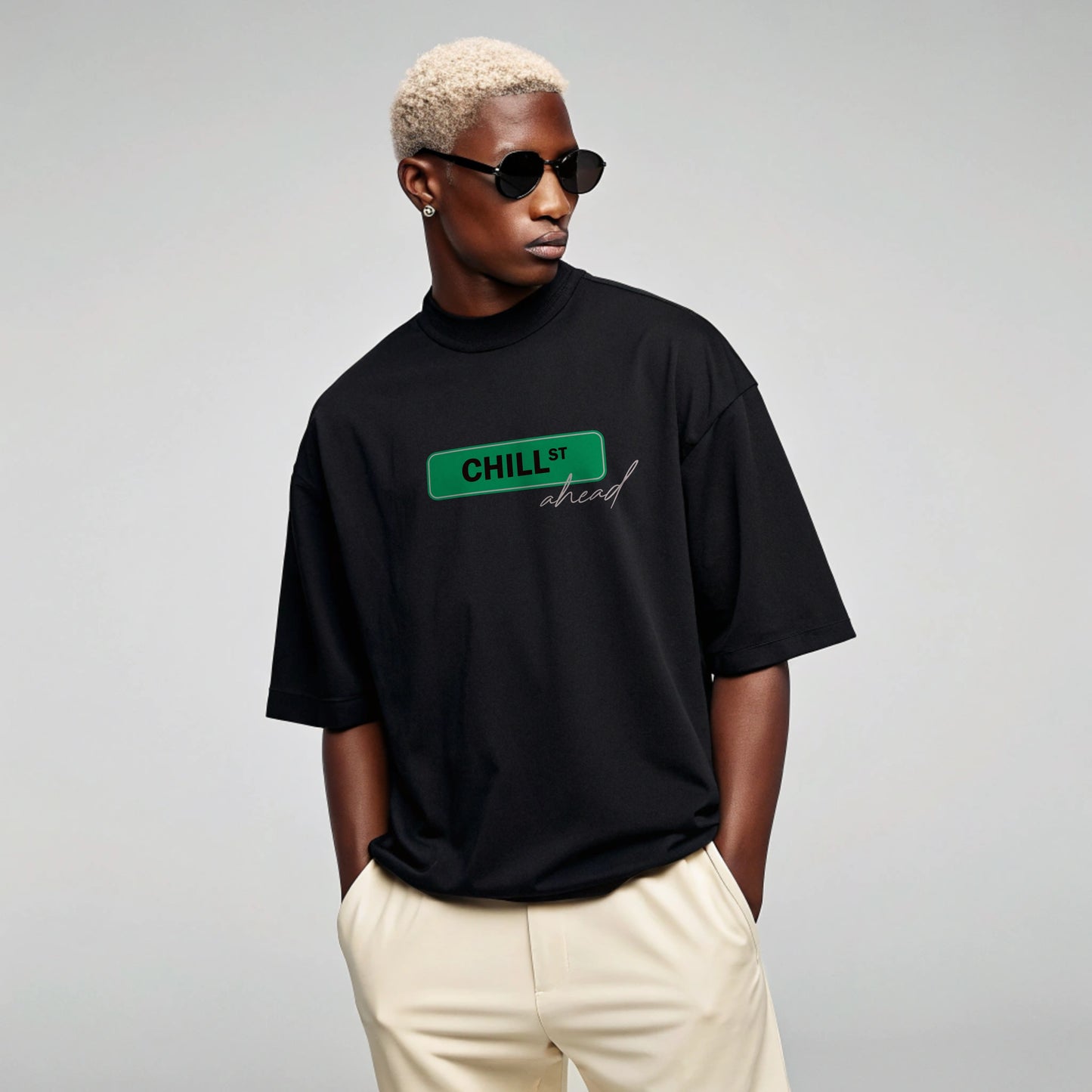 Creating Adam male model wearing the chill tee - black