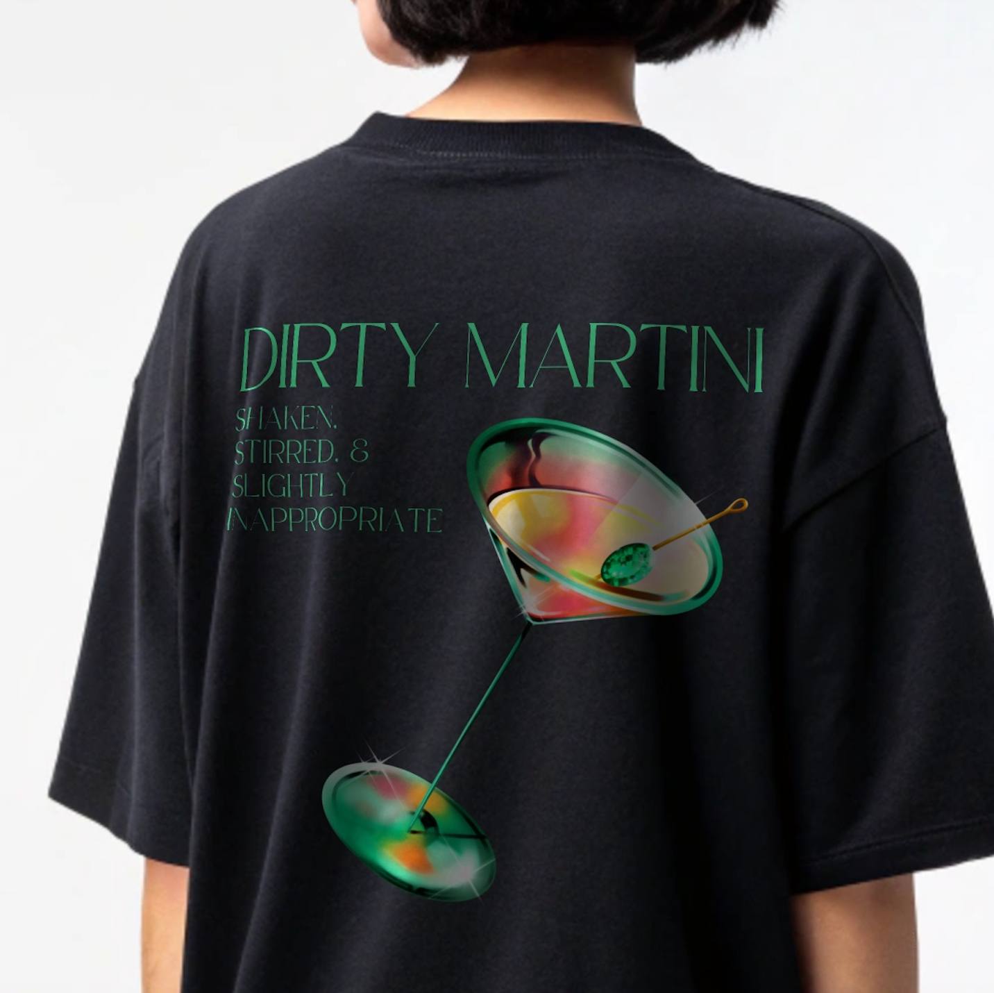 Model wearing Creating Adam's the Martini tee - back