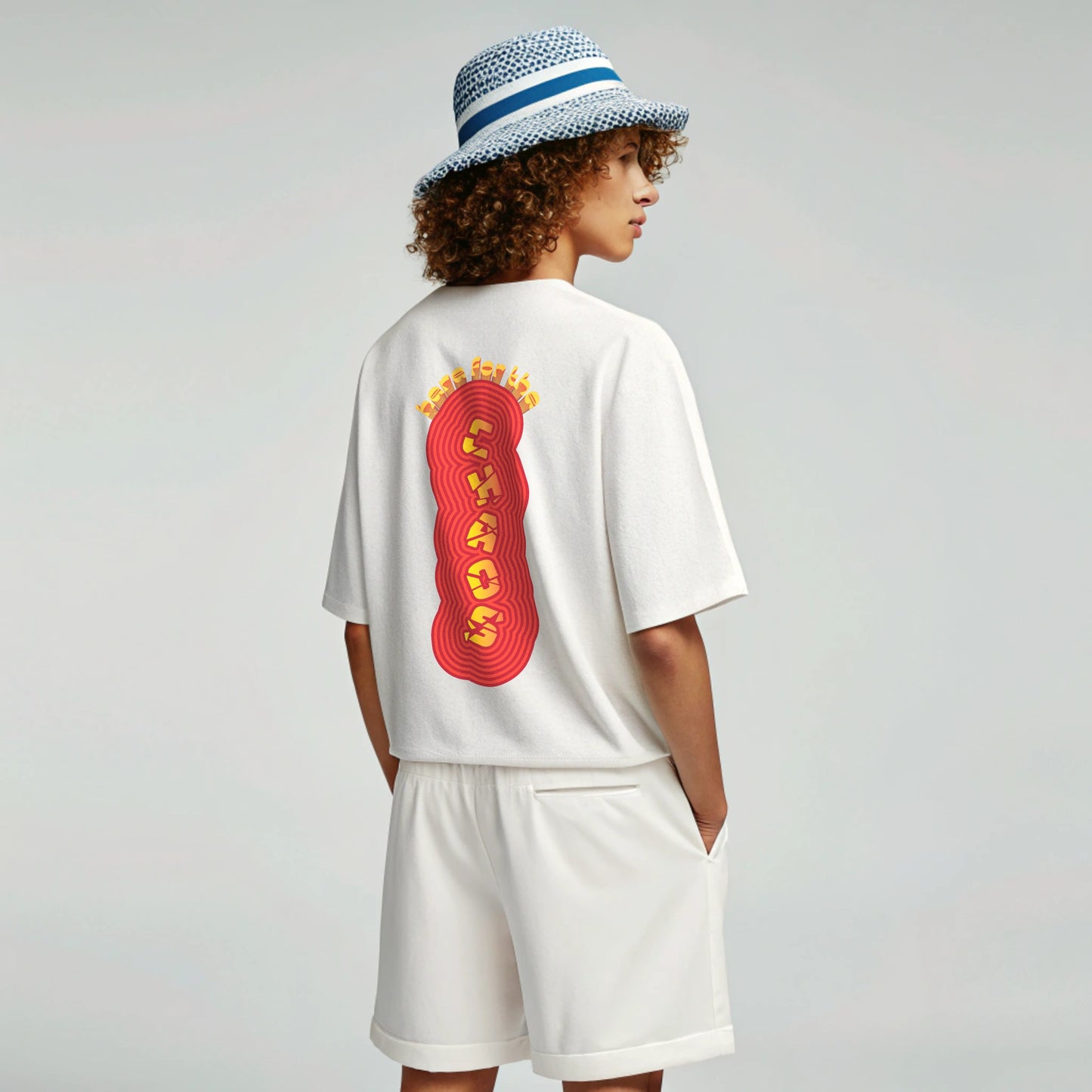 Model wearing Creating Adam's the chaos tee - back
