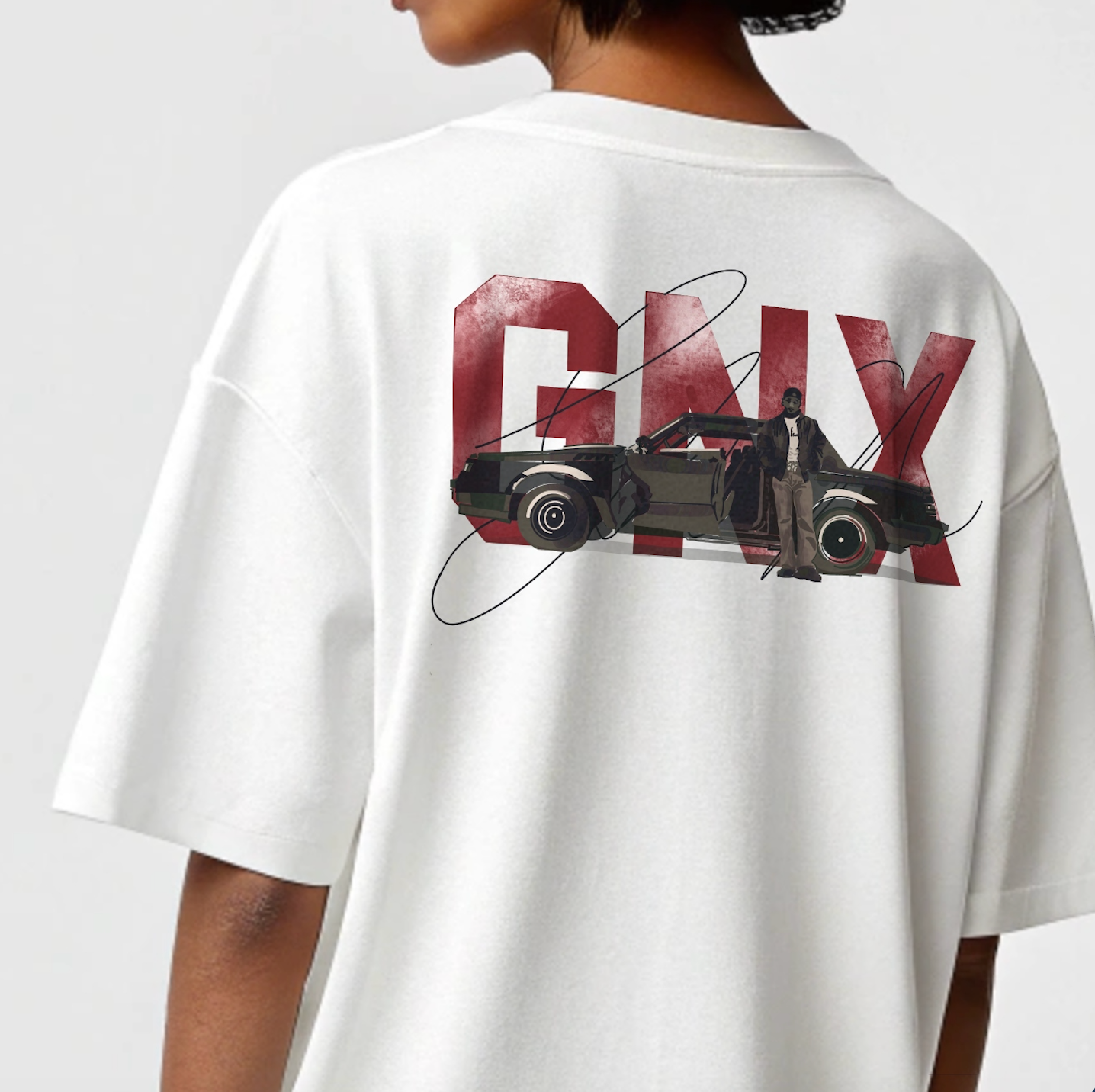 Female model wearing Creating Adam's the GNX tee - GOAT talk collection