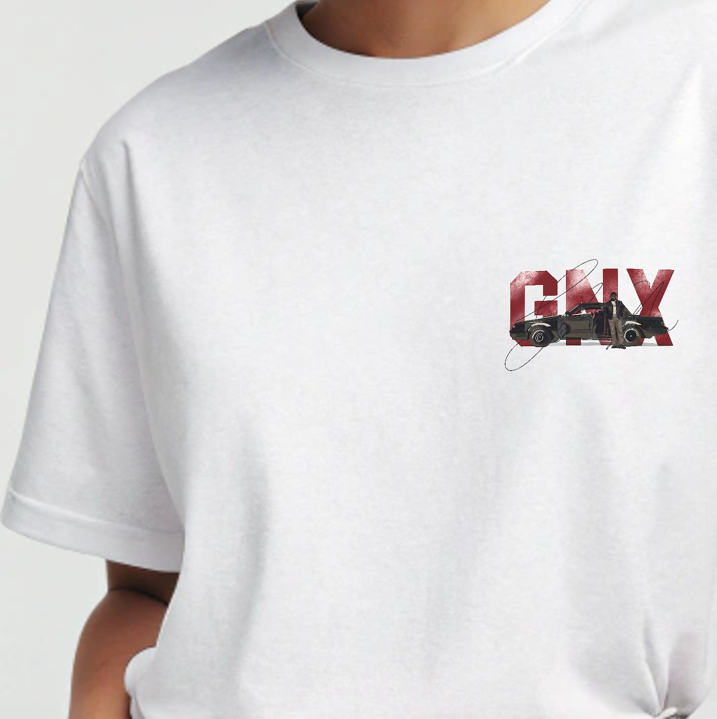 Female model wearing Creating Adam's the GNX tee - GOAT talk collection
