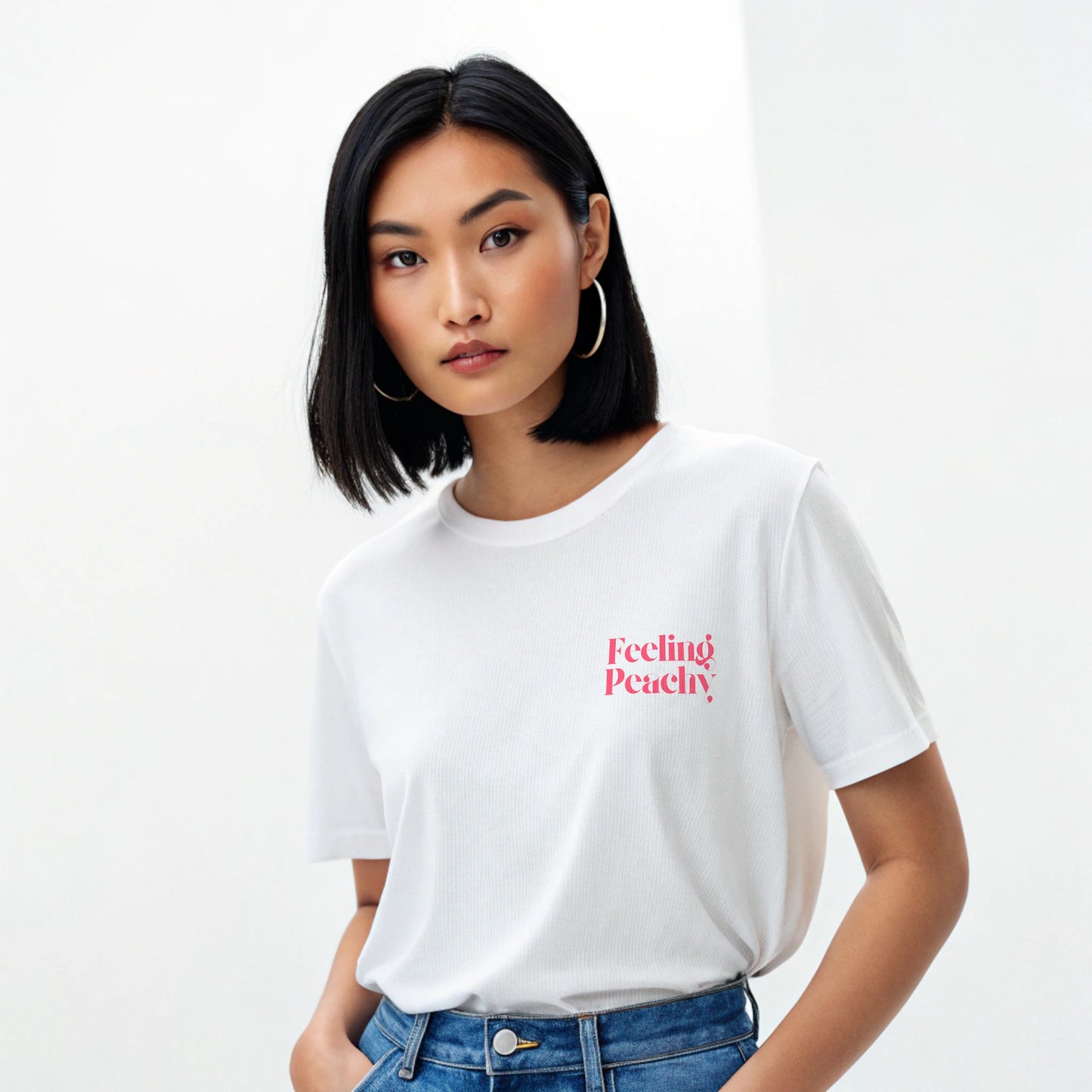 Model wearing Creating Adam's the Peach tee - front
