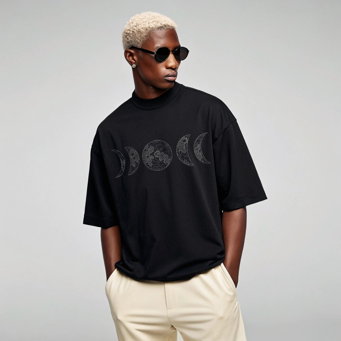 Model wearing Creating Adam's the Moon tee - front