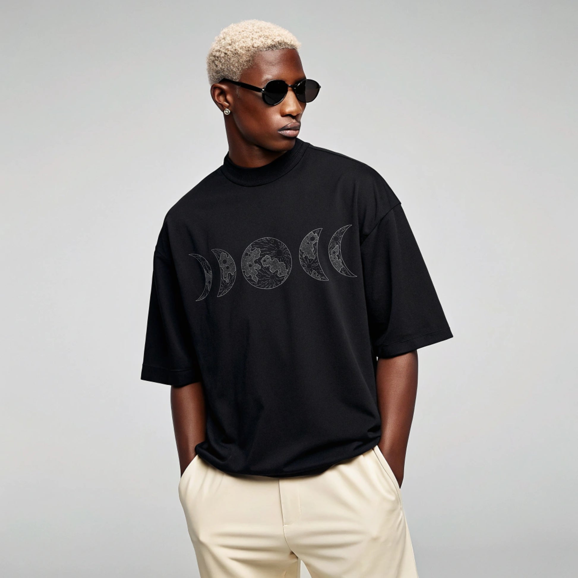 Model wearing Creating Adam's the Moon tee - front